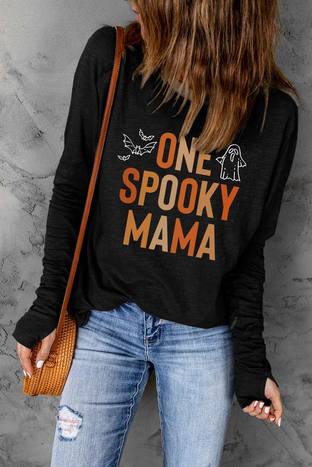 Round Neck Long Sleeve ONE SPOOKY MAMA Graphic T-Shirt