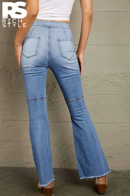 Baeful Distressed Raw Hem High-Waist Flare Jeans