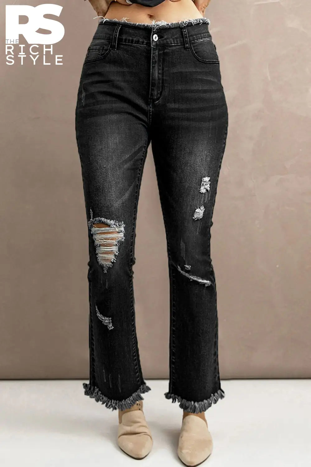 Baeful High Waist Distressed Raw Hem Jeans Black / S