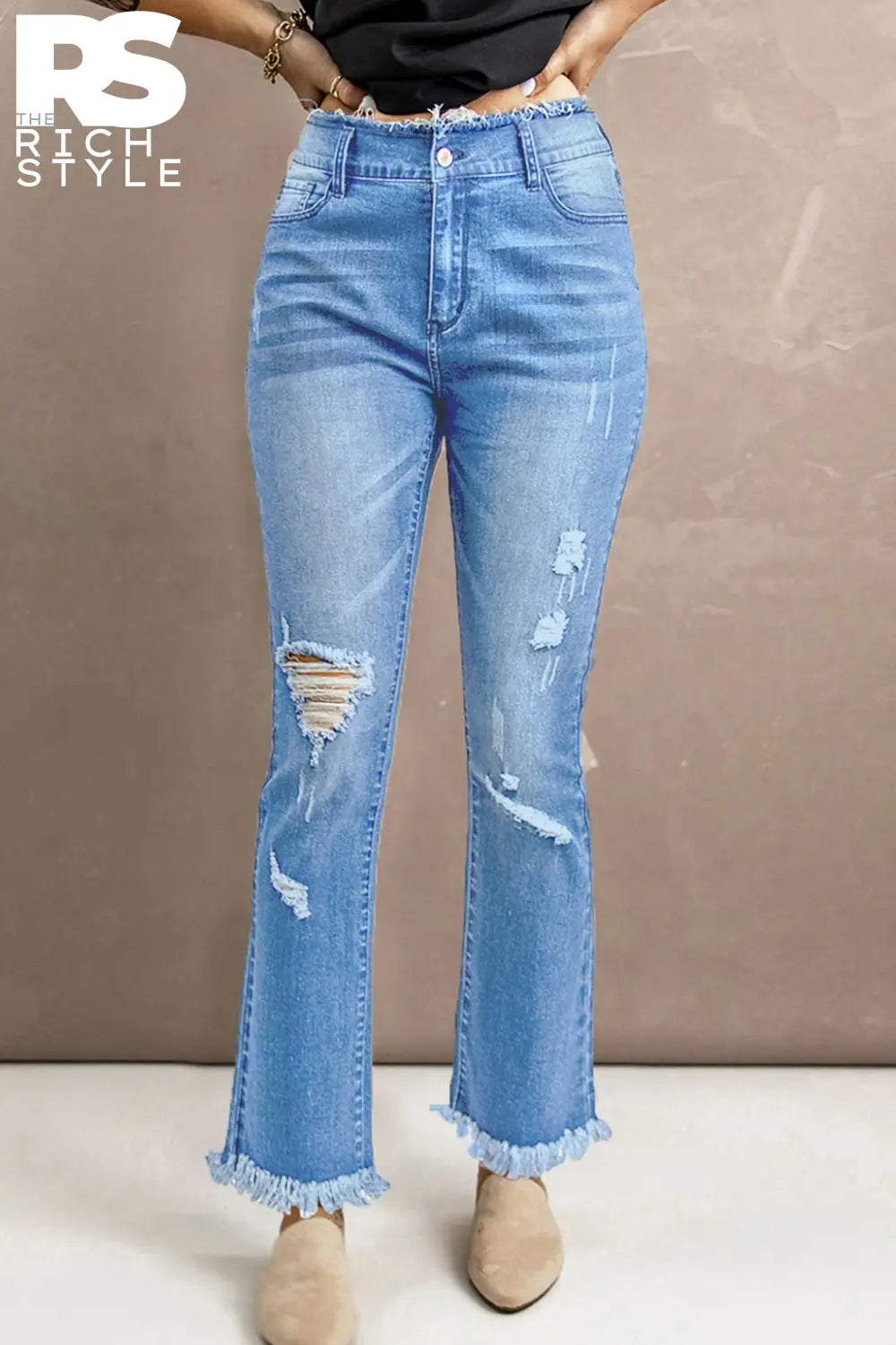 Baeful High Waist Distressed Raw Hem Jeans Light Blue / S