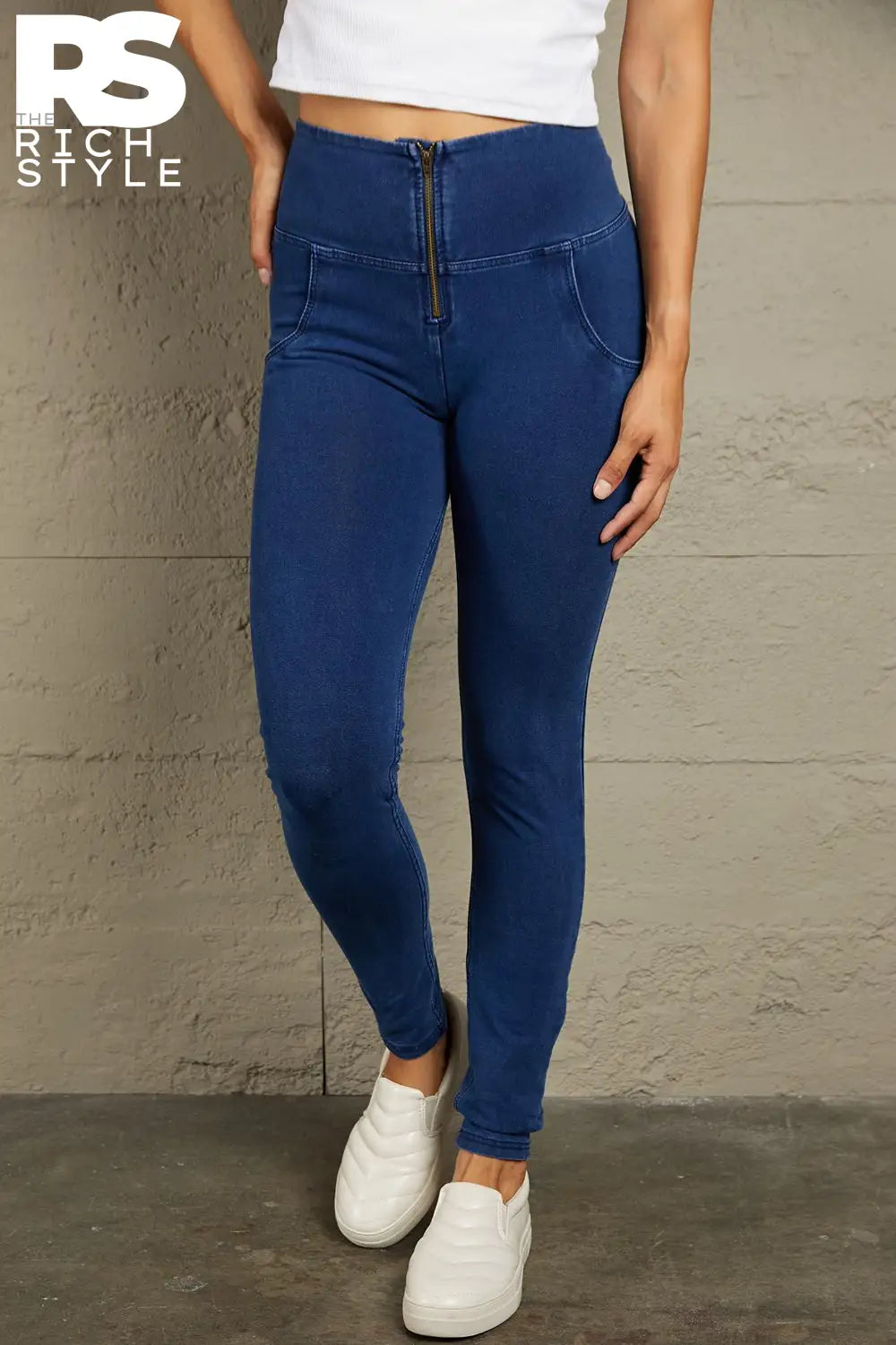 Baeful High Waist Zip Up Skinny Long Jeans Navy / Xs