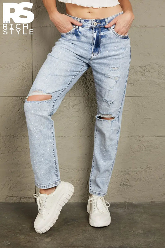 Baeful Splatter Distressed Acid Wash Jeans With Pockets