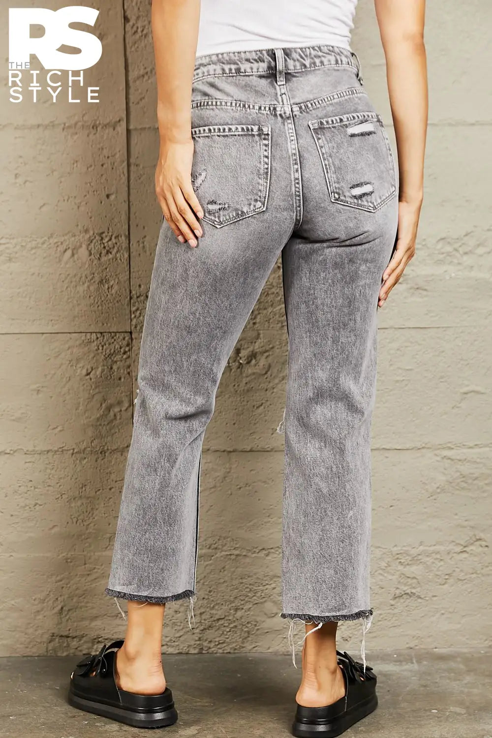 Bayeas Acid Wash Distressed Cropped Straight Jeans