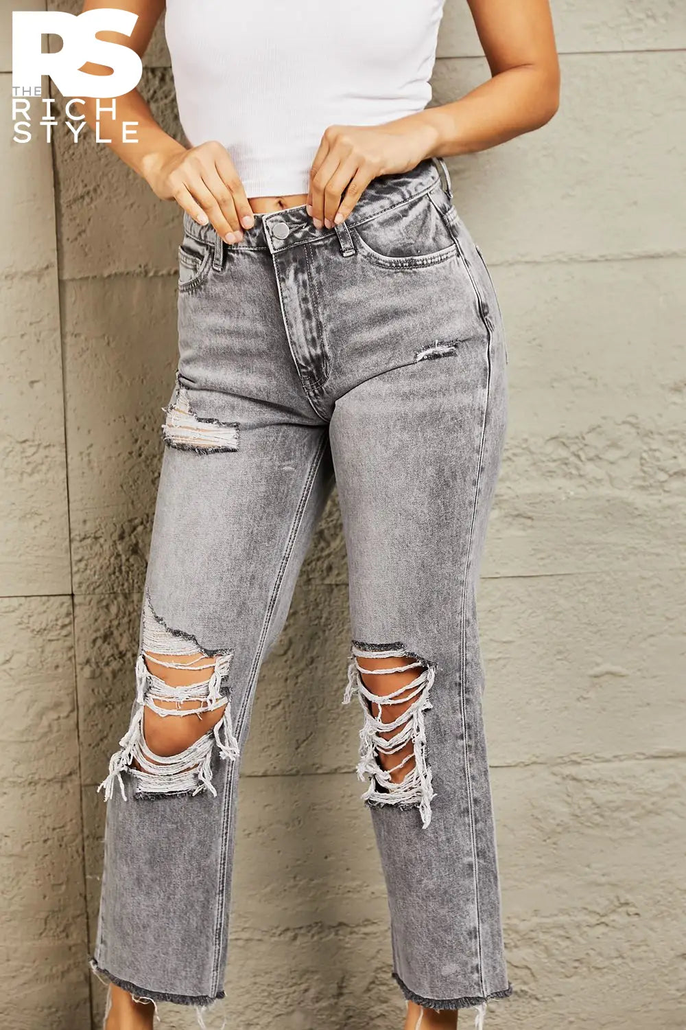 Bayeas Acid Wash Distressed Cropped Straight Jeans