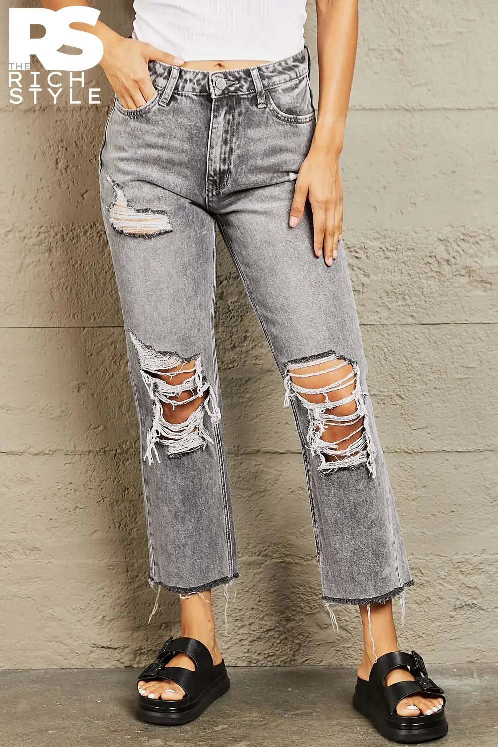 Bayeas Acid Wash Distressed Cropped Straight Jeans Heather Gray / 24