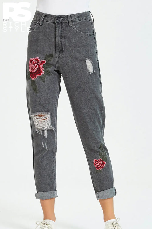 Flower Embroidery Distressed Jeans Charcoal / 25