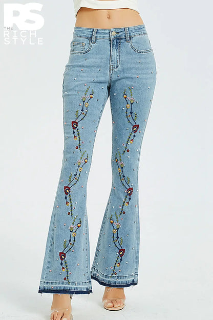 Full Size Flower Embroidery Wide Leg Jeans Medium / S