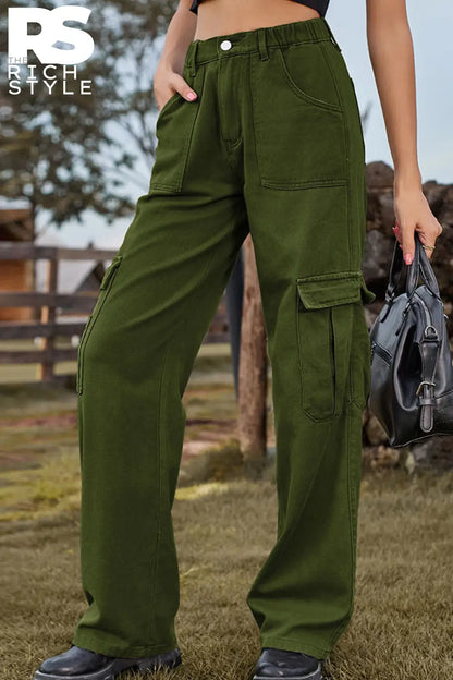 Pocketed Wide Leg Jeans Army Green / S