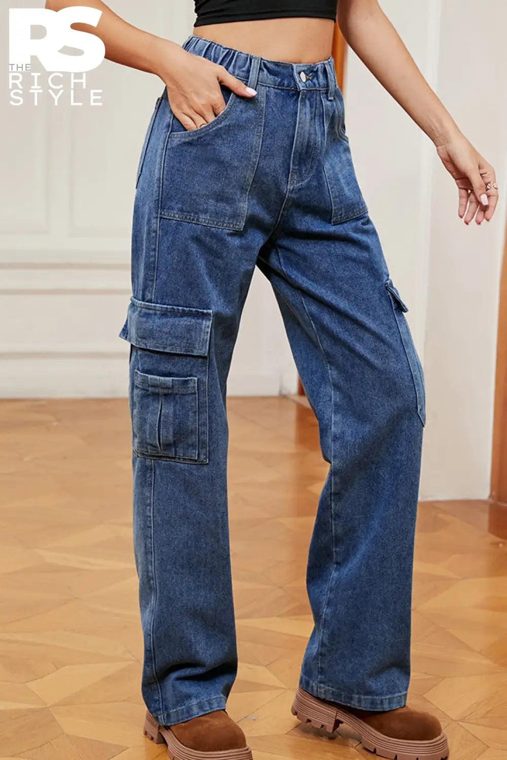 Pocketed Wide Leg Jeans Dusty Blue / S