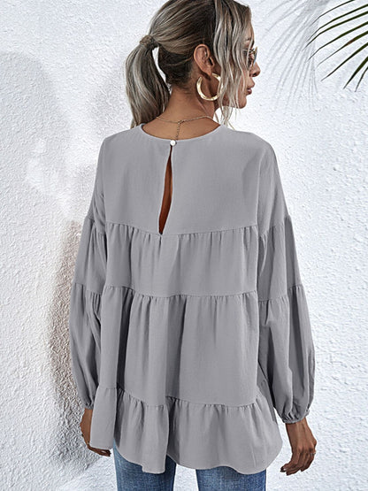 Round Neck Dropped Shoulder Tiered Blouse