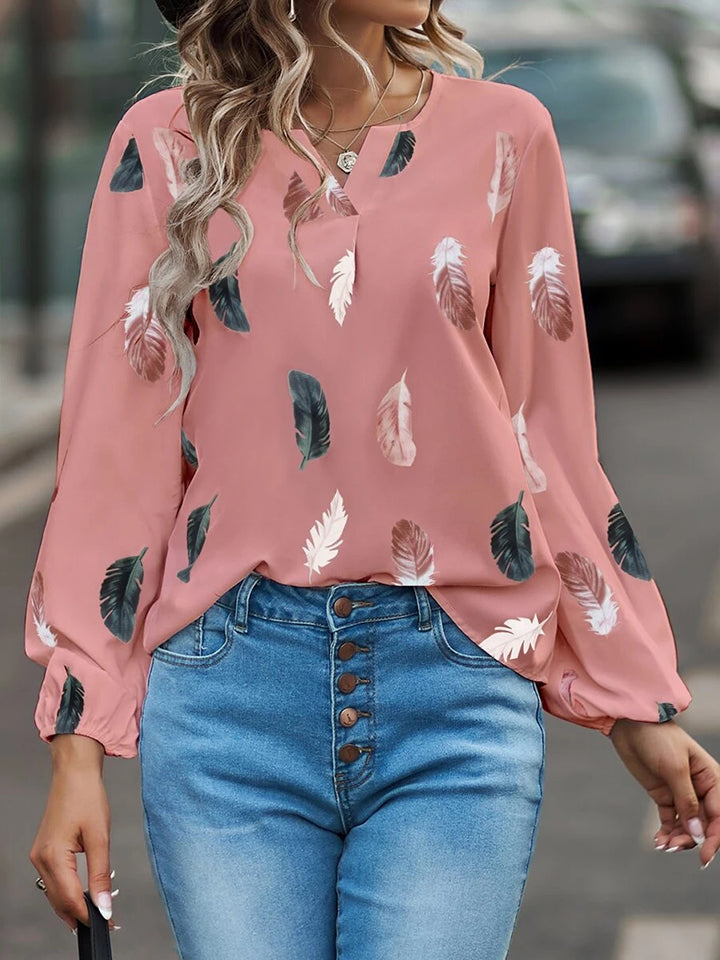 Printed Notched Neck Long Sleeve Blouse