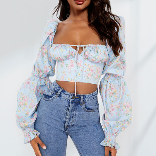 Double Take Cropped Sweetheart Neck Bubble Sleeve Blouse