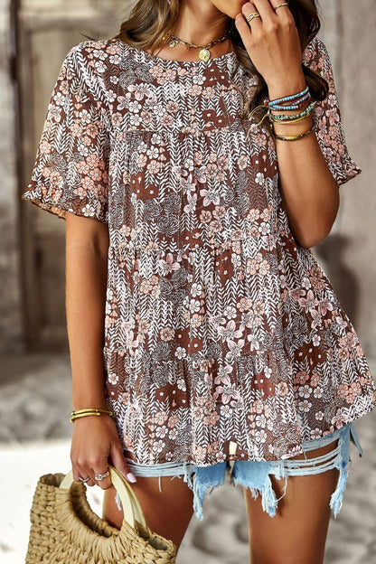 Printed Round Neck Tiered Top