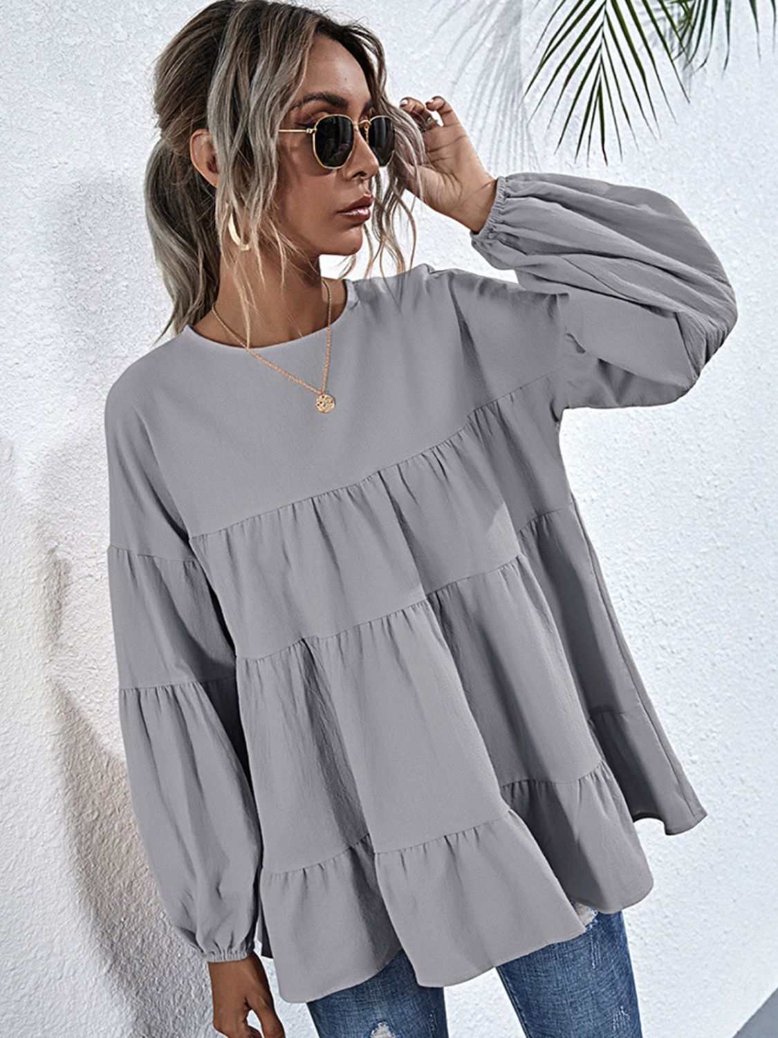 Round Neck Dropped Shoulder Tiered Blouse