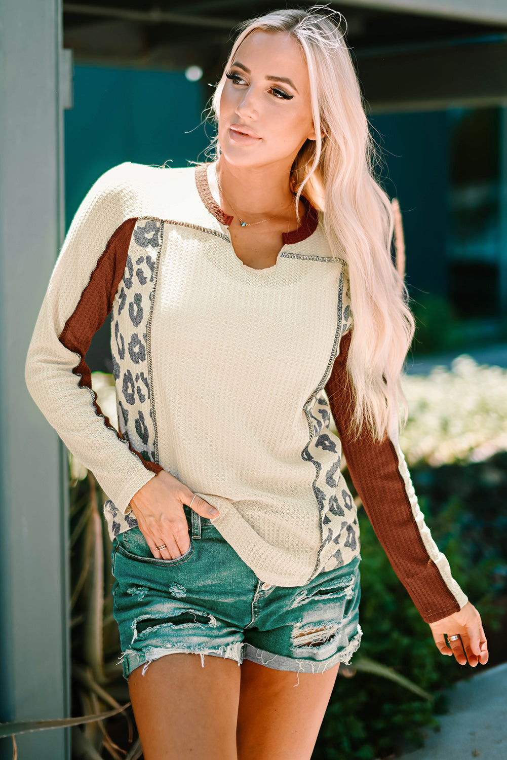 Leopard Notched Long Sleeve Top
