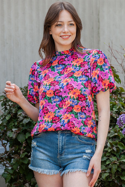 Floral Print Puff Sleeve Round Neck Blouse