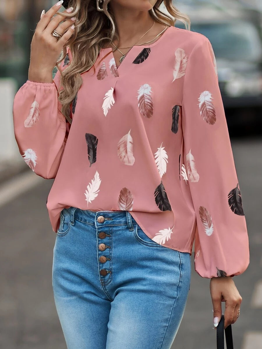 Printed Notched Neck Long Sleeve Blouse