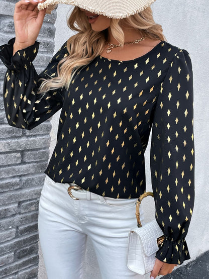 Double Take Printed Round Neck Flounce Sleeve Blouse